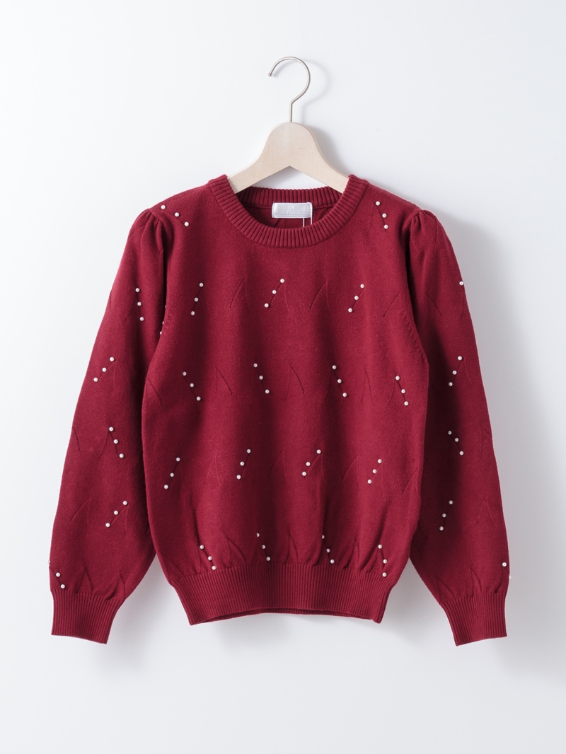 パール刺繍丸首ニット<アウトレット均一価格>