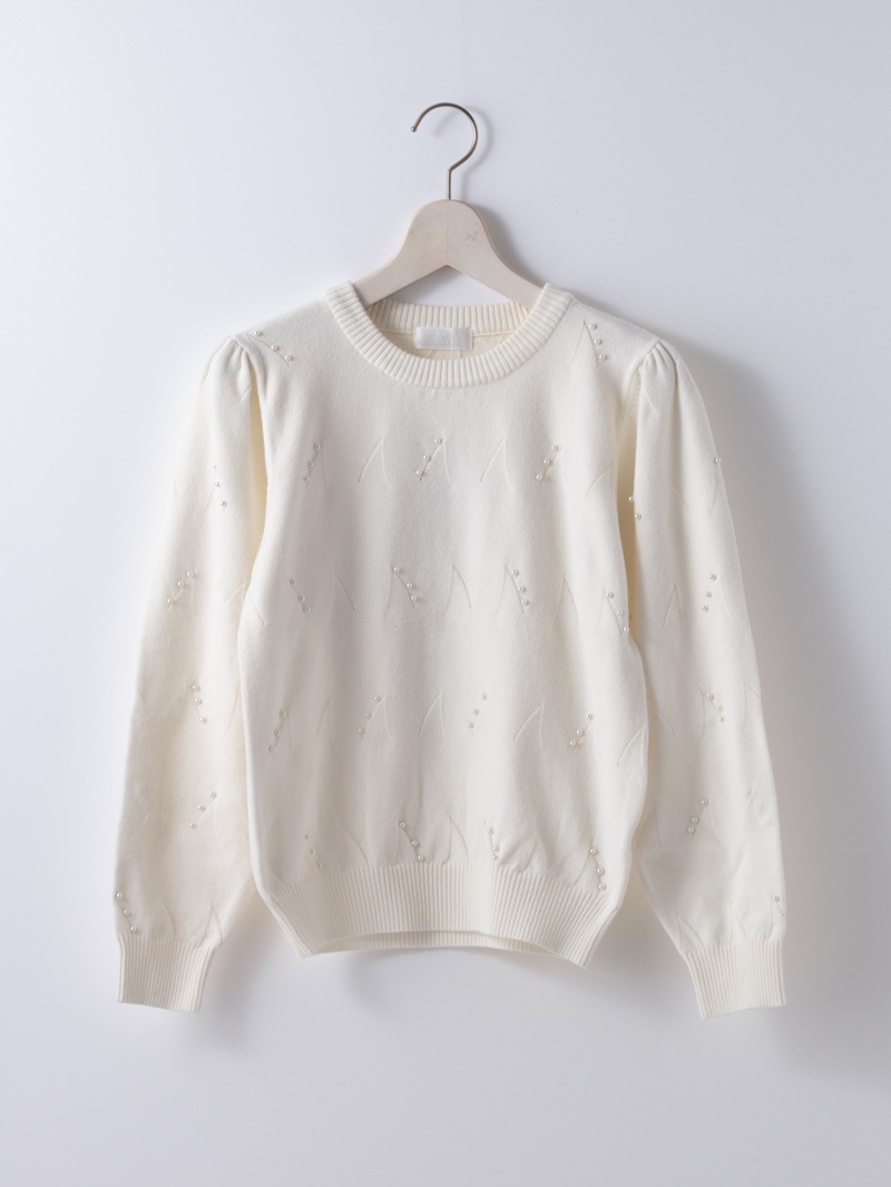 パール刺繍丸首ニット<アウトレット均一価格>