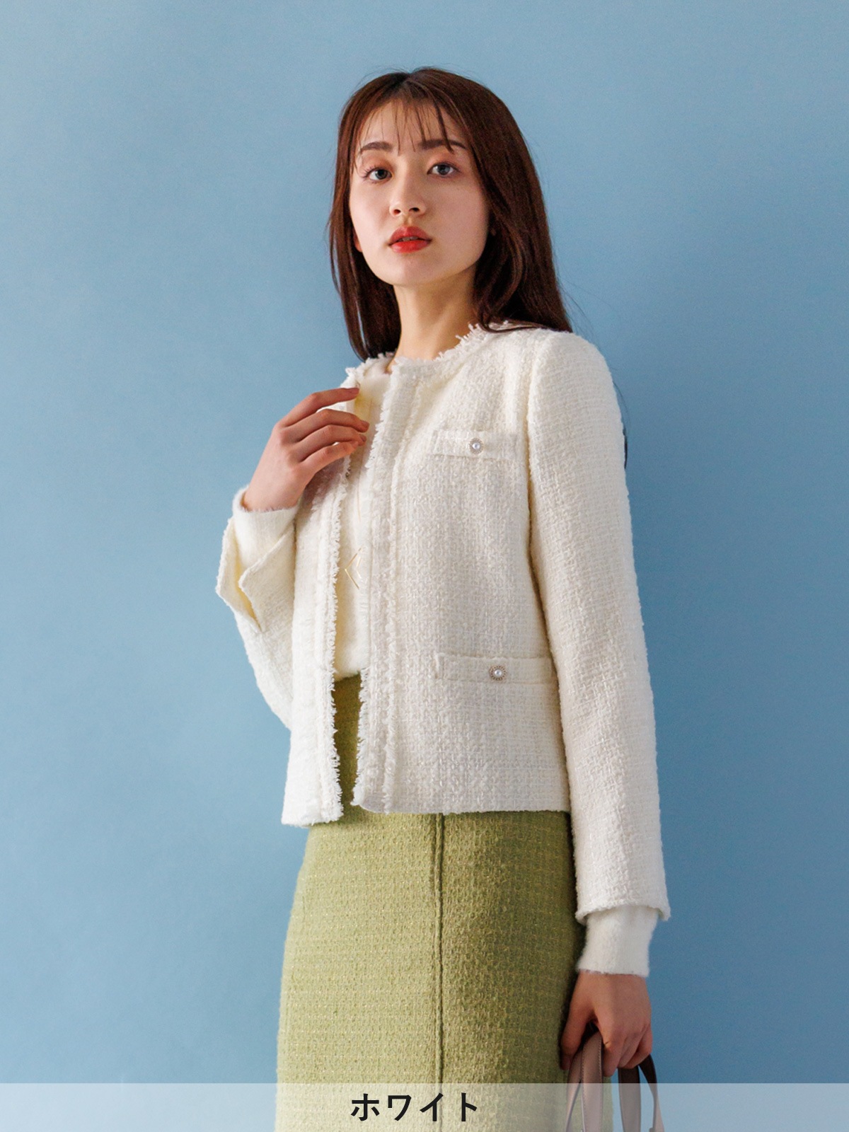 【60%OFF】ファンシーツイードフリンジノーカラージャケット