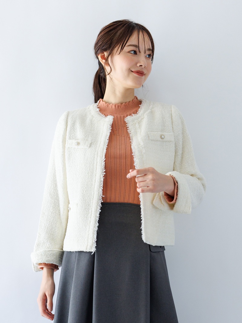【60%OFF】ファンシーツイードフリンジノーカラージャケット