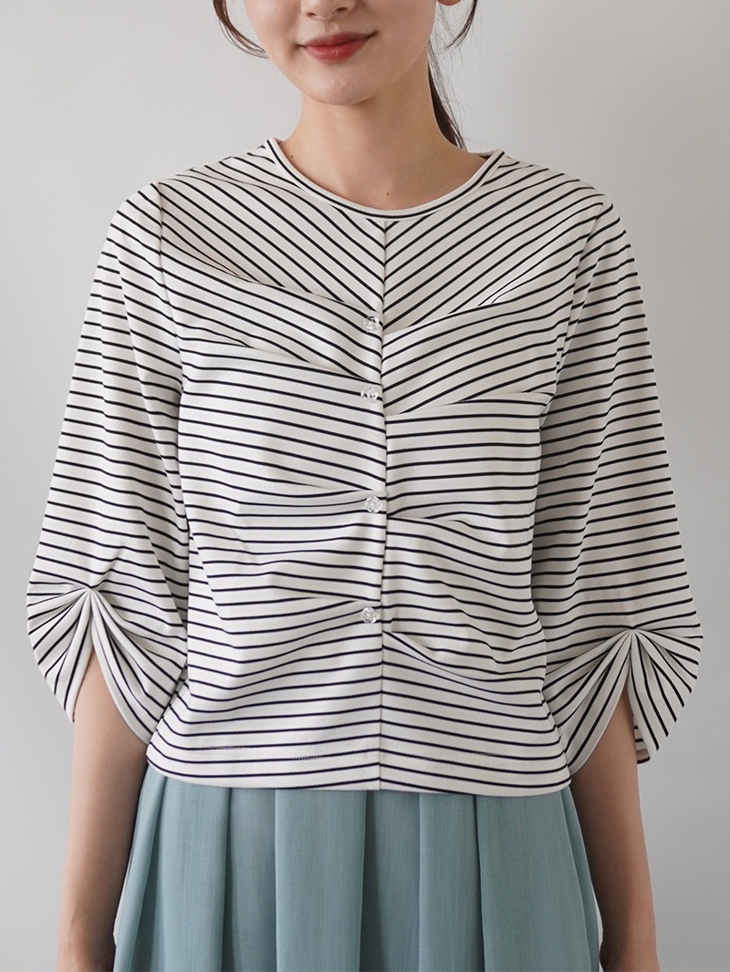 【20％OFF】ボーダーフロントタック五分カットソー
