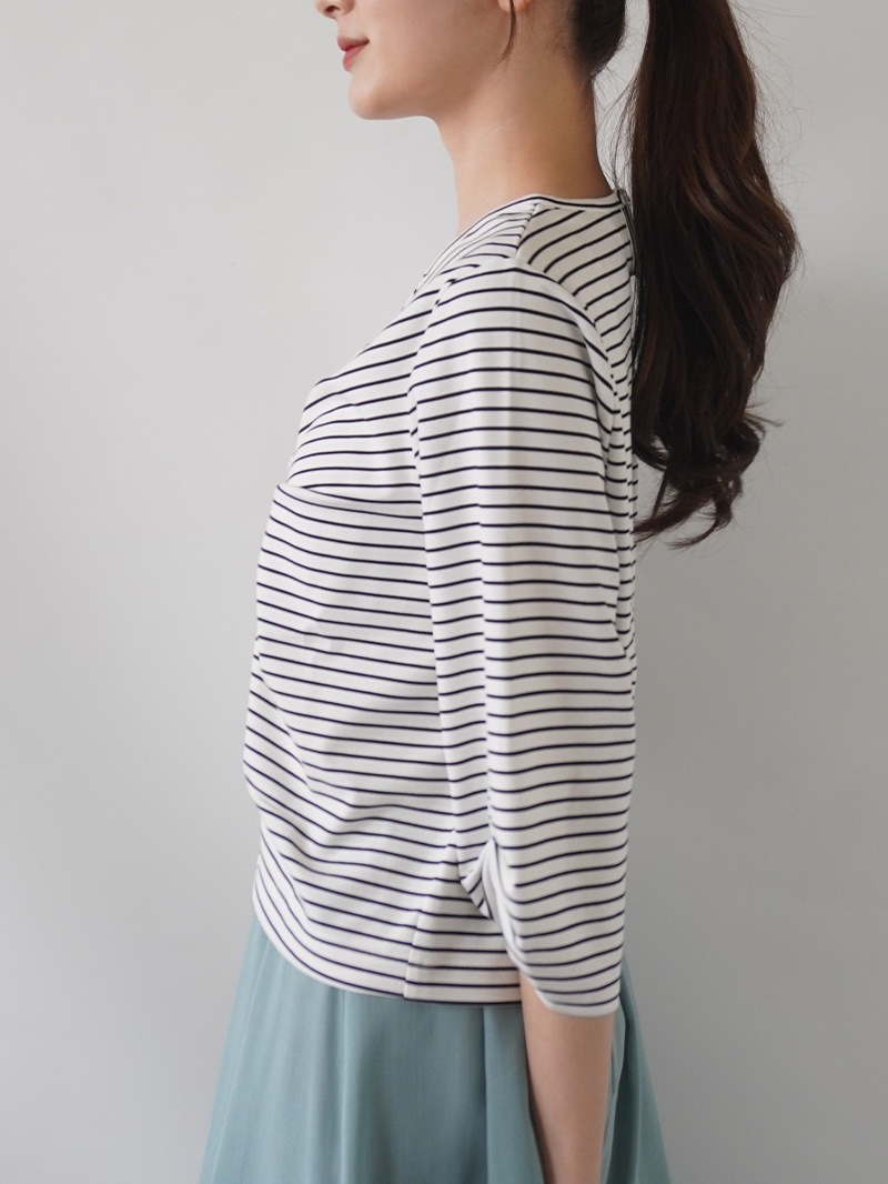 【20％OFF】ボーダーフロントタック五分カットソー