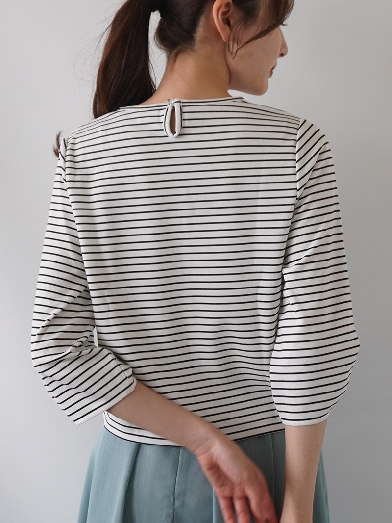 【20％OFF】ボーダーフロントタック五分カットソー