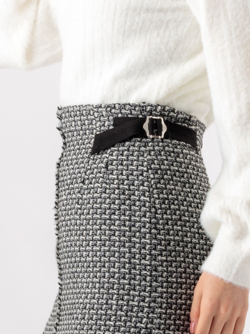 【70％OFF】ファンシーツイードフリンジロングタイトスカート