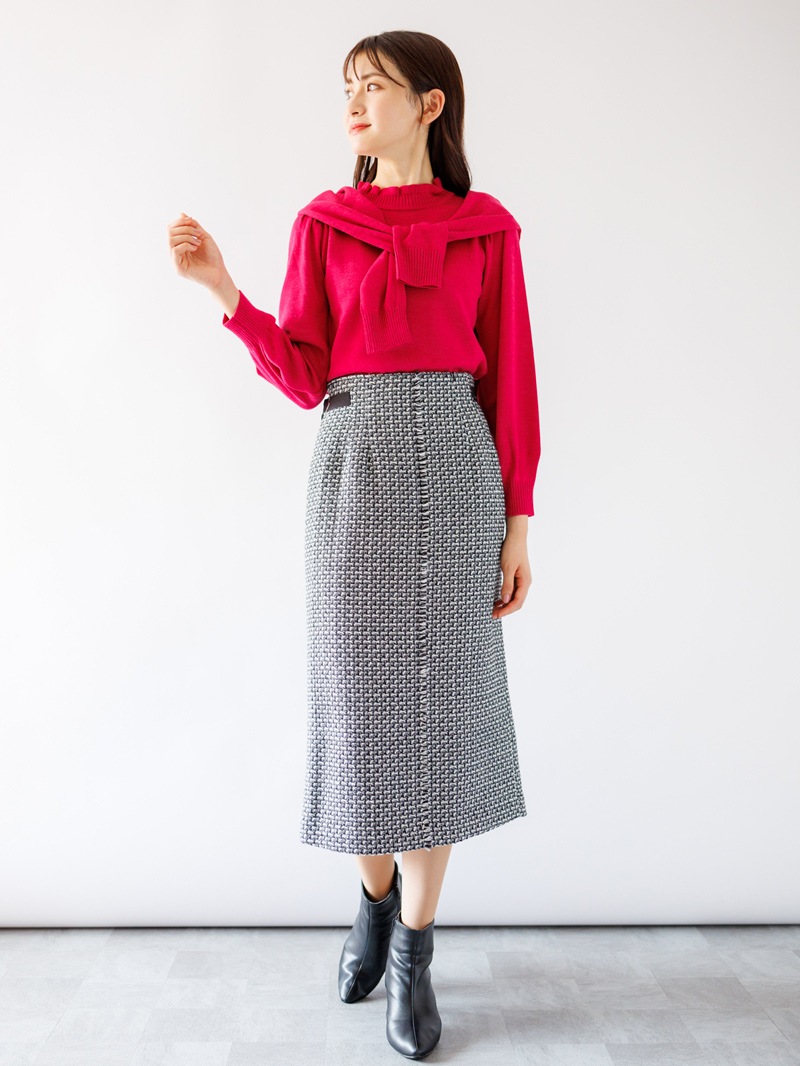 【70％OFF】ファンシーツイードフリンジロングタイトスカート