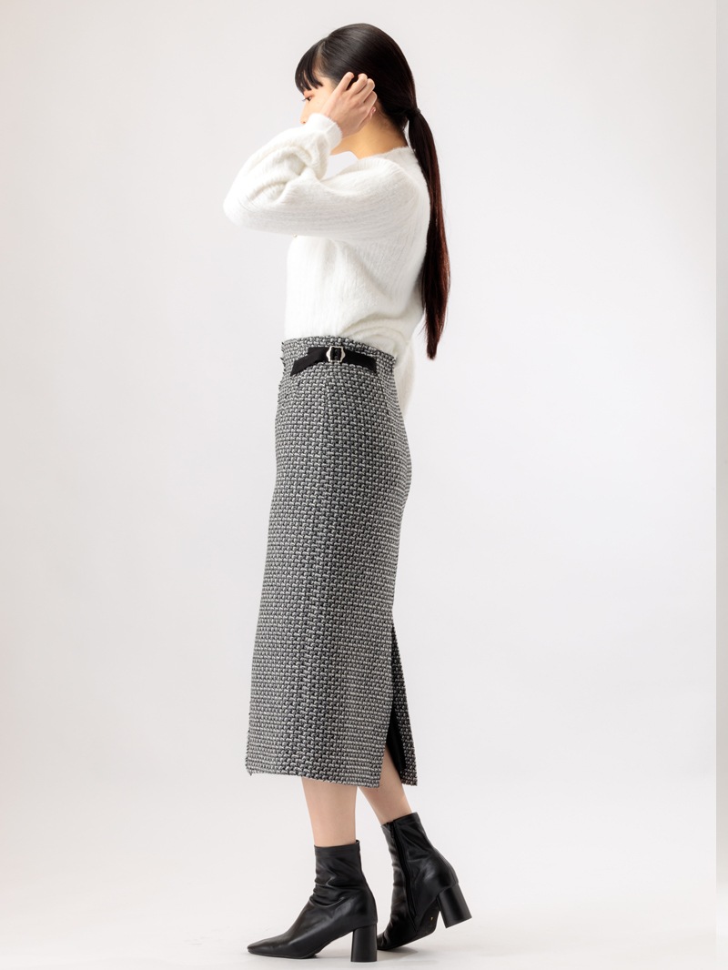 【70％OFF】ファンシーツイードフリンジロングタイトスカート