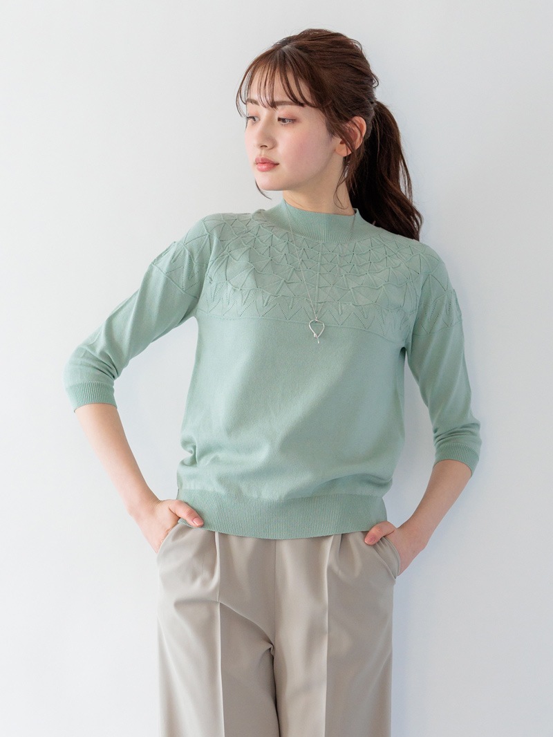 【50%OFF】衿ぐり透かし柄ラグランニット