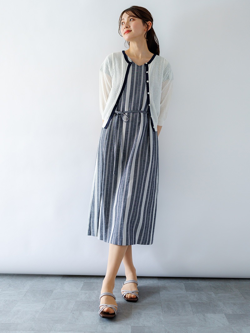 ストライプフレンチスリーブストレートワンピース