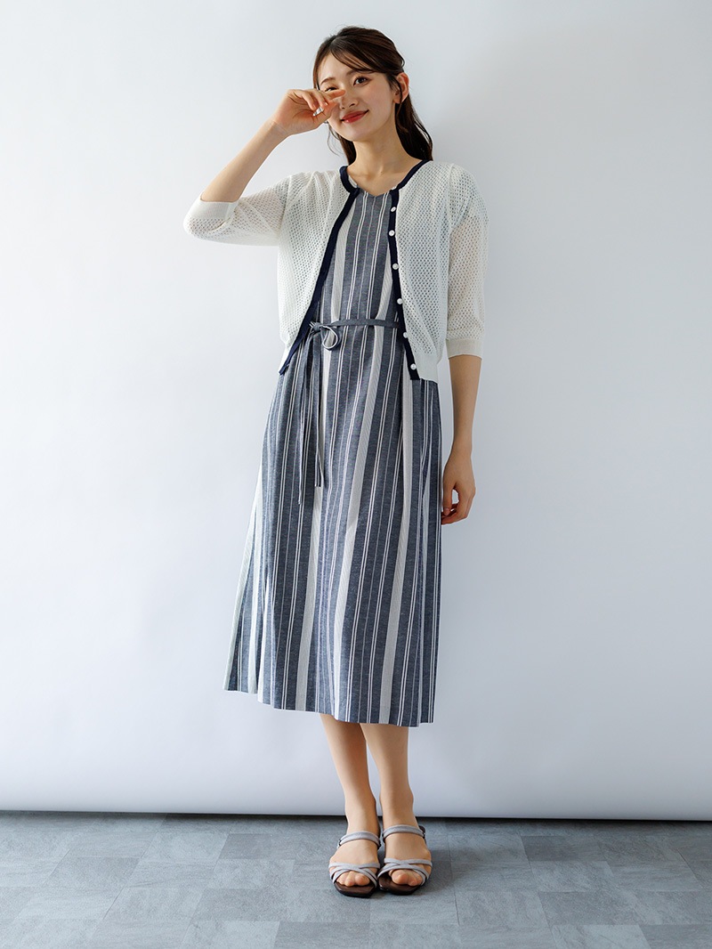 ストライプフレンチスリーブストレートワンピース