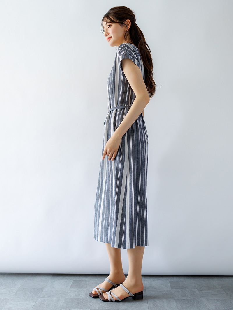 ストライプフレンチスリーブストレートワンピース