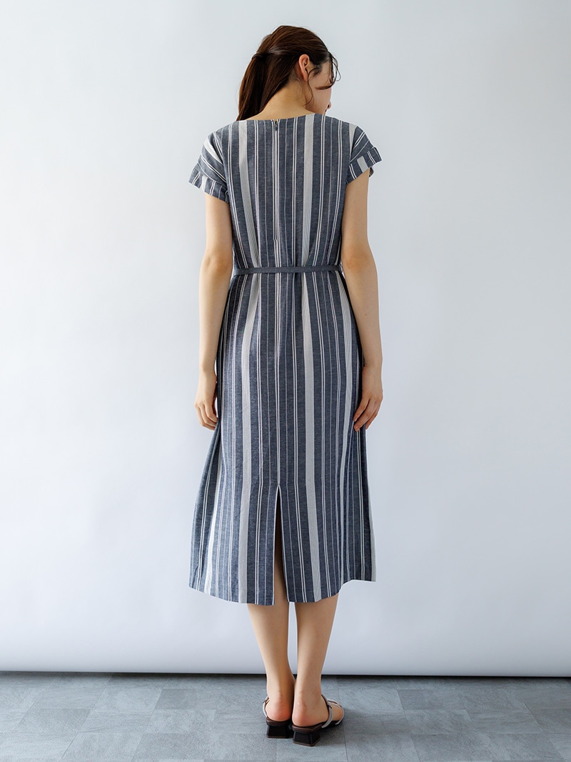 ストライプフレンチスリーブストレートワンピース