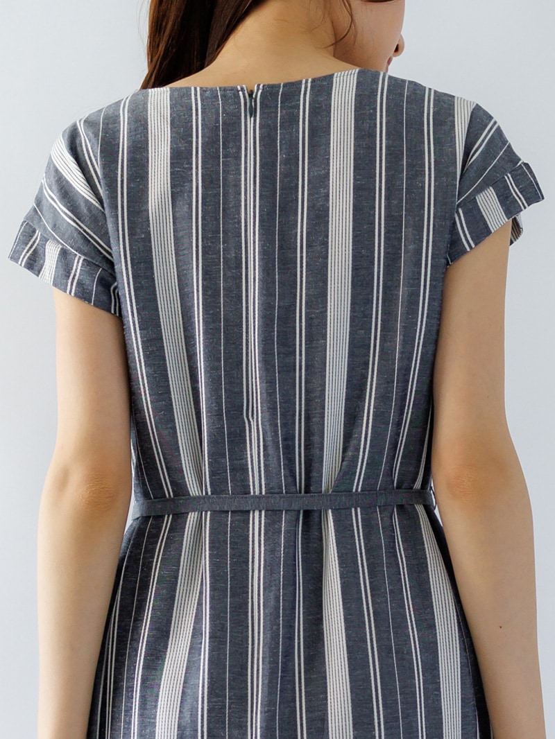 ストライプフレンチスリーブストレートワンピース