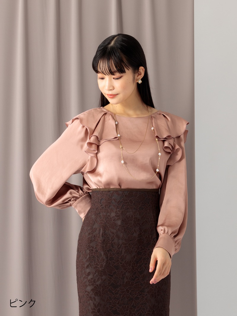 ヴィンテージサテンラッフルブラウス＜アウトレット均一価格＞