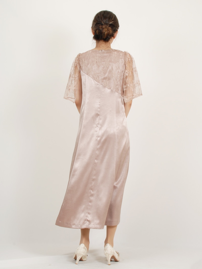 【定番商品 半額SALE】フレアー袖グロッシーサテンワンピース［ドレス］