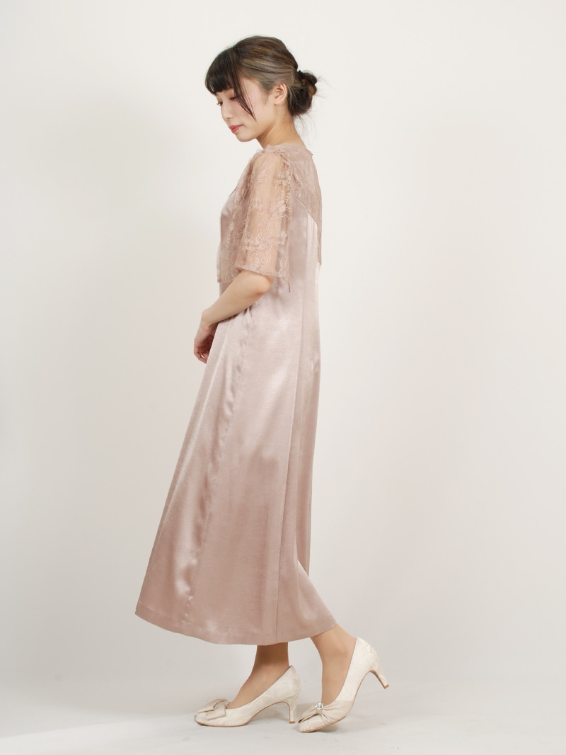 【定番商品 半額SALE】フレアー袖グロッシーサテンワンピース［ドレス］
