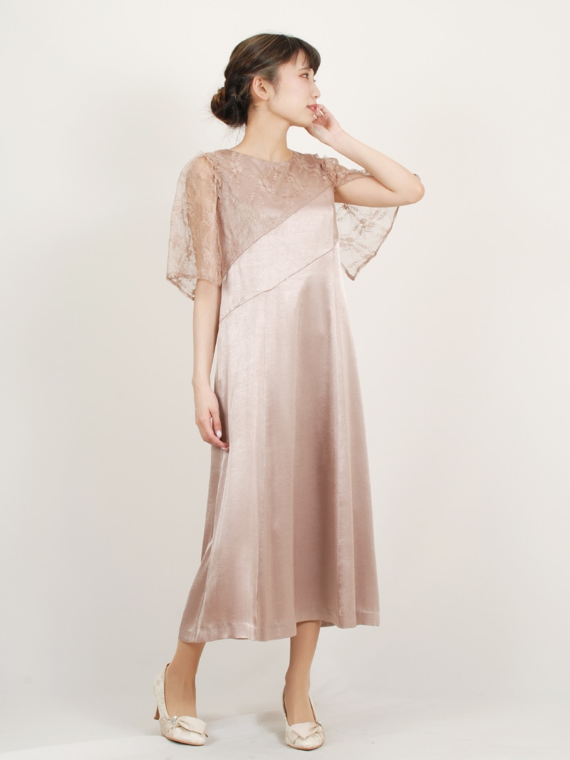 【定番商品 半額SALE】フレアー袖グロッシーサテンワンピース［ドレス］