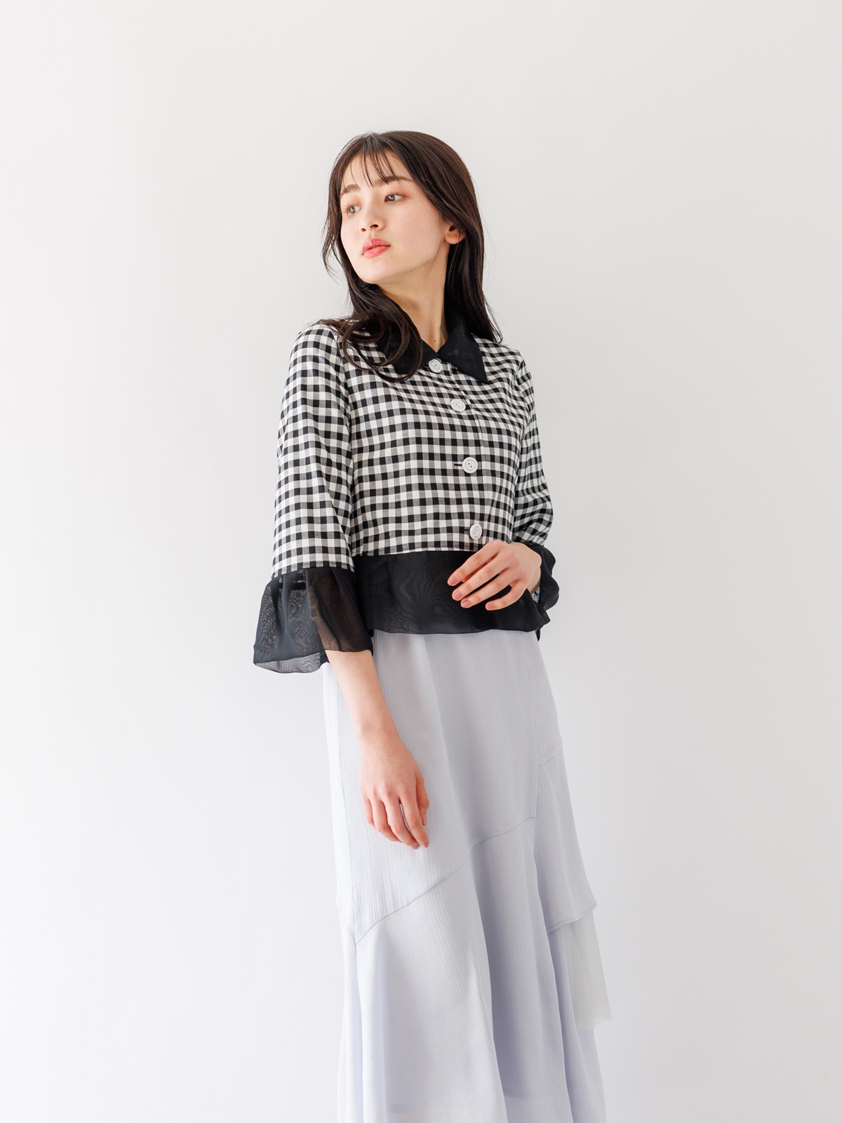 【50%OFF】ギンガム衿裾シフォンジャケット