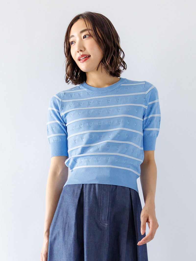 【WEB限定70％OFF】ボーダー×透かし柄丸首ニット