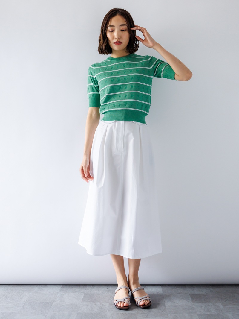 【WEB限定70％OFF】ボーダー×透かし柄丸首ニット