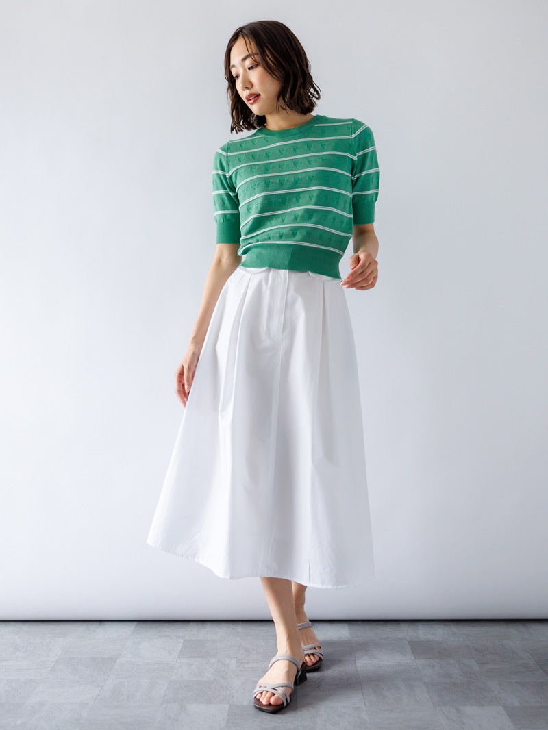 【WEB限定70％OFF】ボーダー×透かし柄丸首ニット