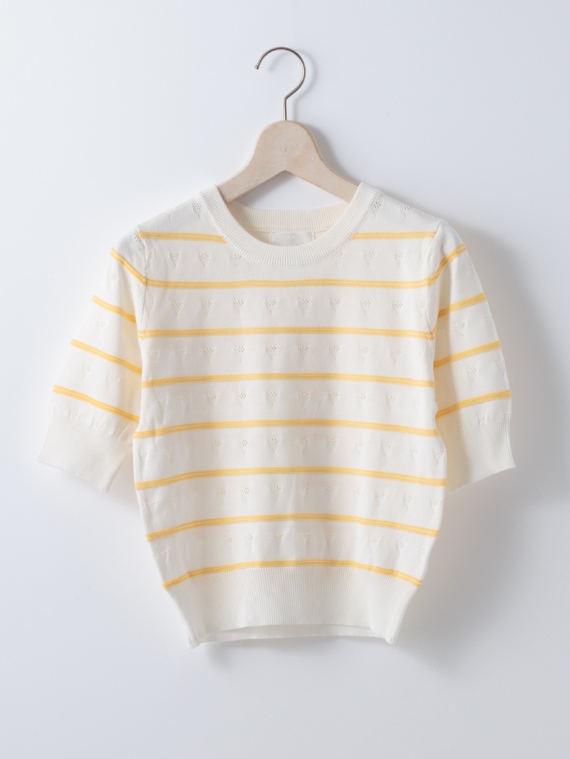 【WEB限定70％OFF】ボーダー×透かし柄丸首ニット