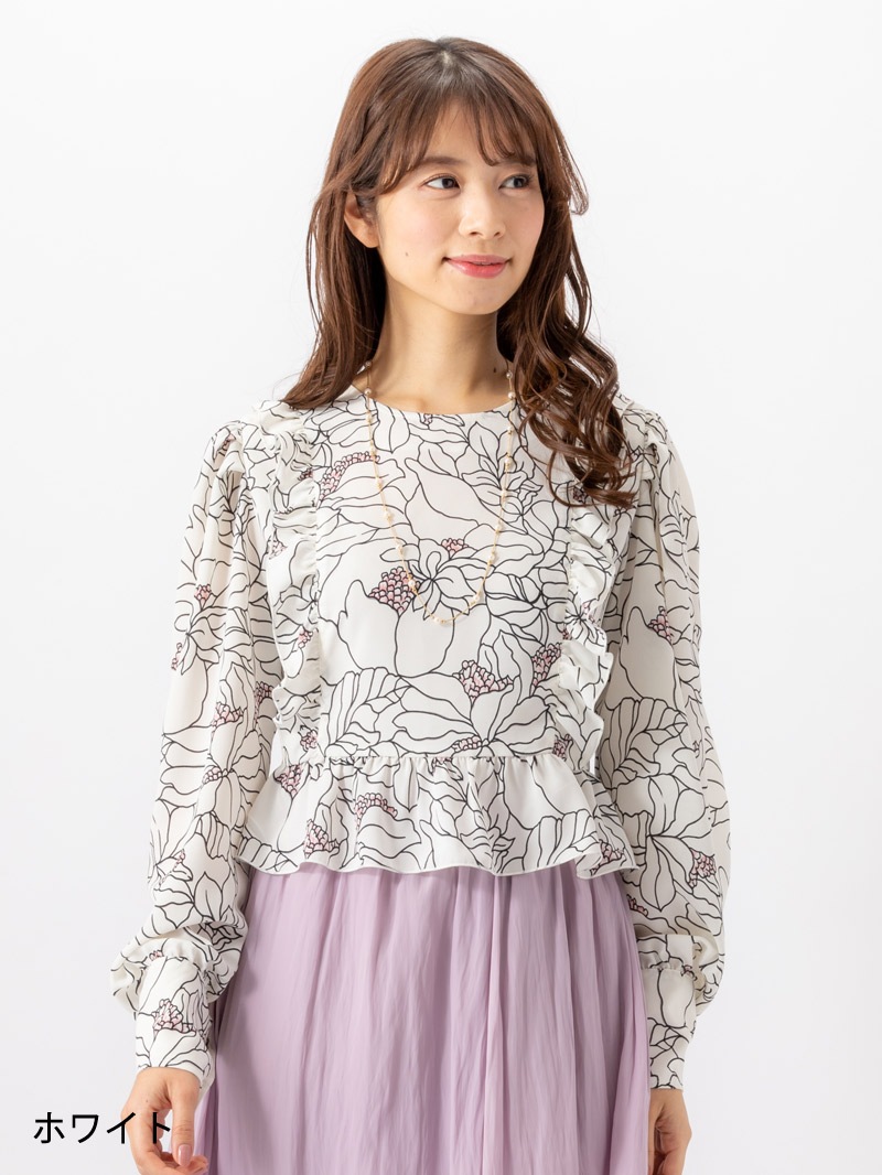 線画花柄プリントフリル付ブラウス