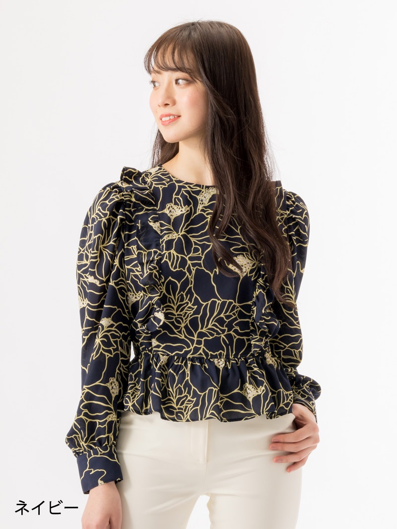 線画花柄プリントフリル付ブラウス