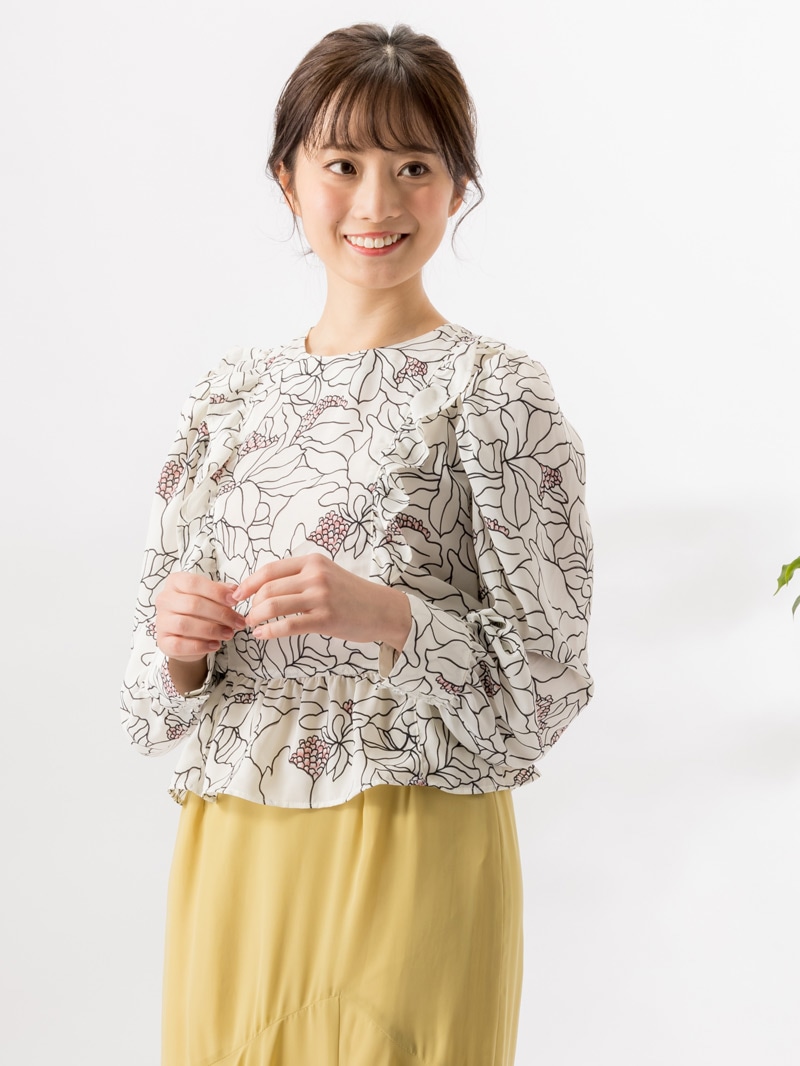 線画花柄プリントフリル付ブラウス