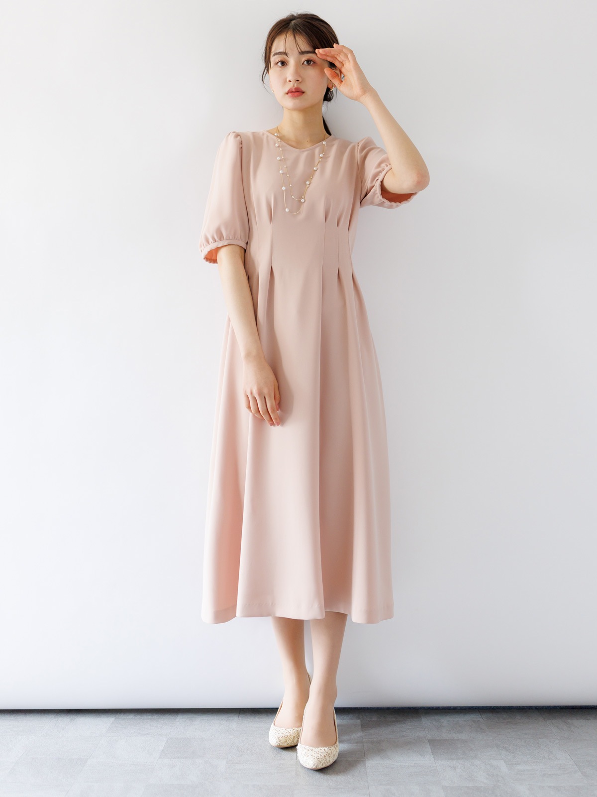 5分袖ダブルクロスウエストタックワンピース
