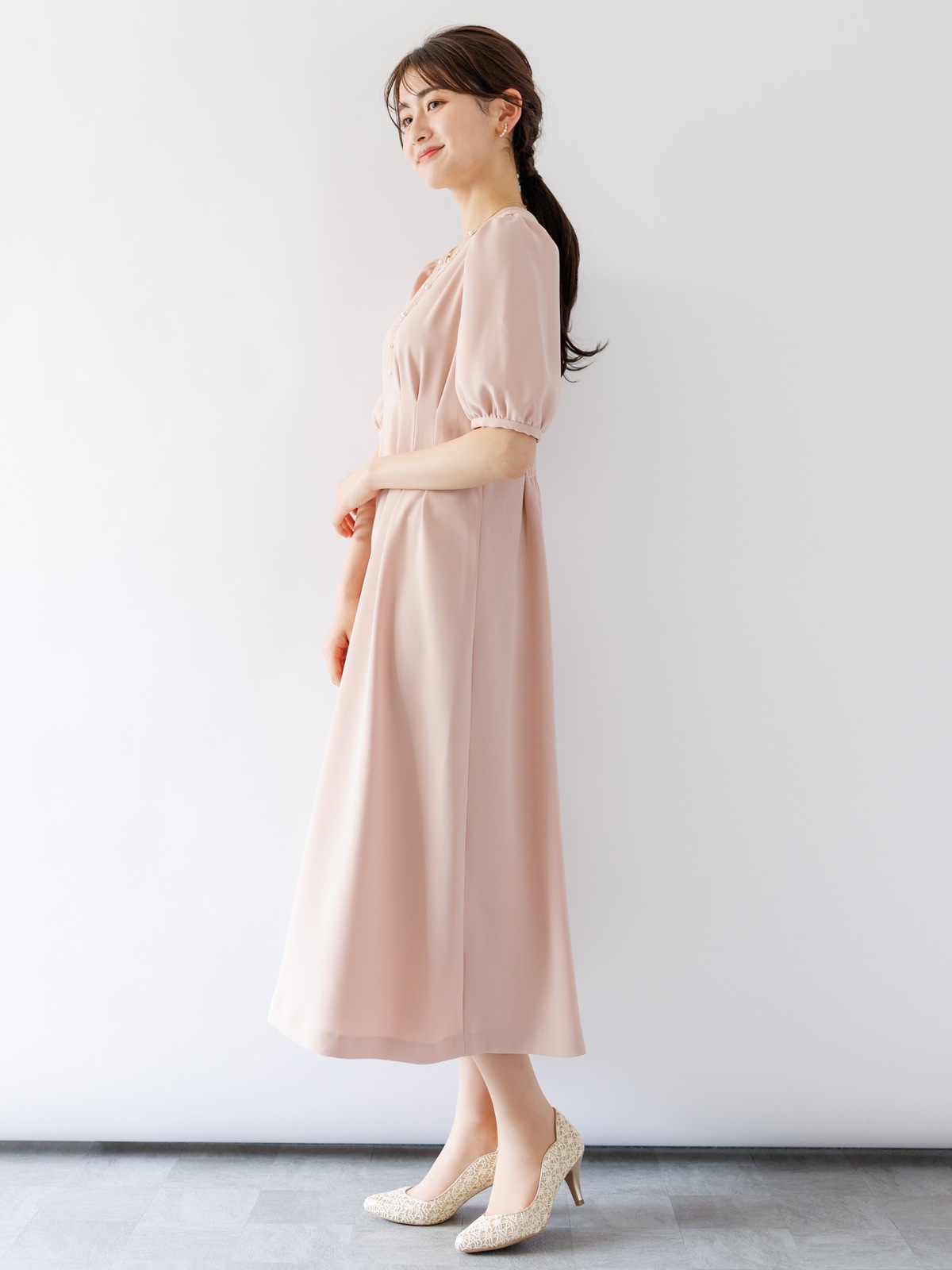 5分袖ダブルクロスウエストタックワンピース