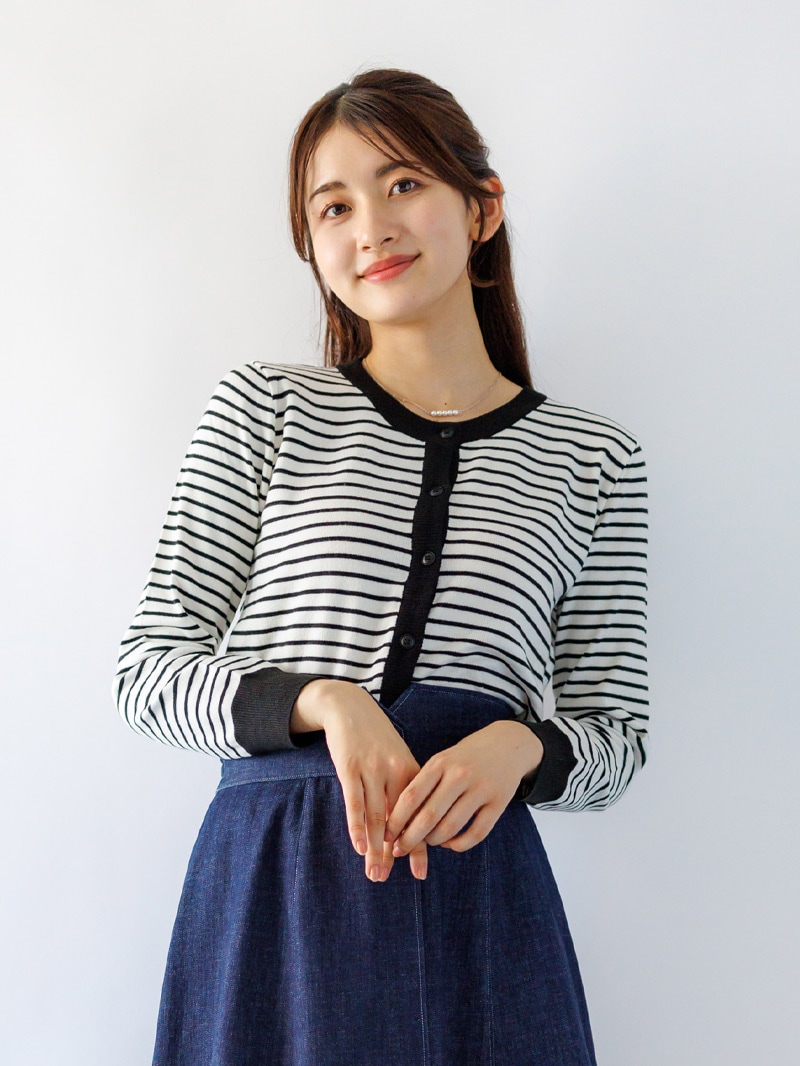 【40%OFF】ボーダー丸首カーディガン