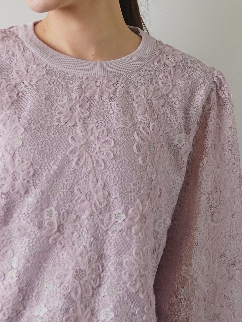 【30％OFF】レース重ね丸首ニット