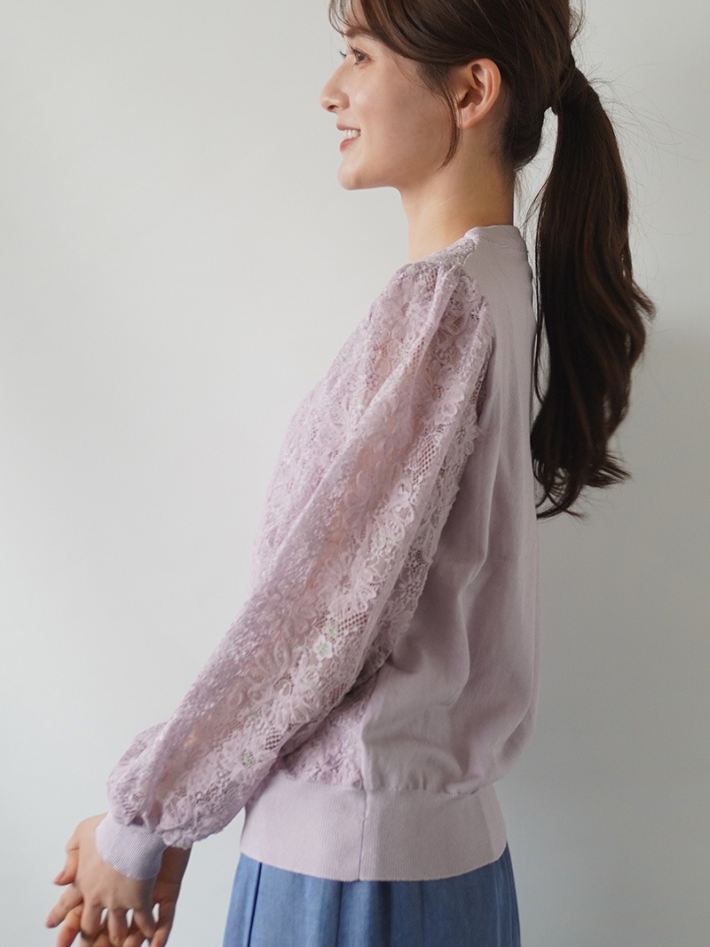 【30％OFF】レース重ね丸首ニット