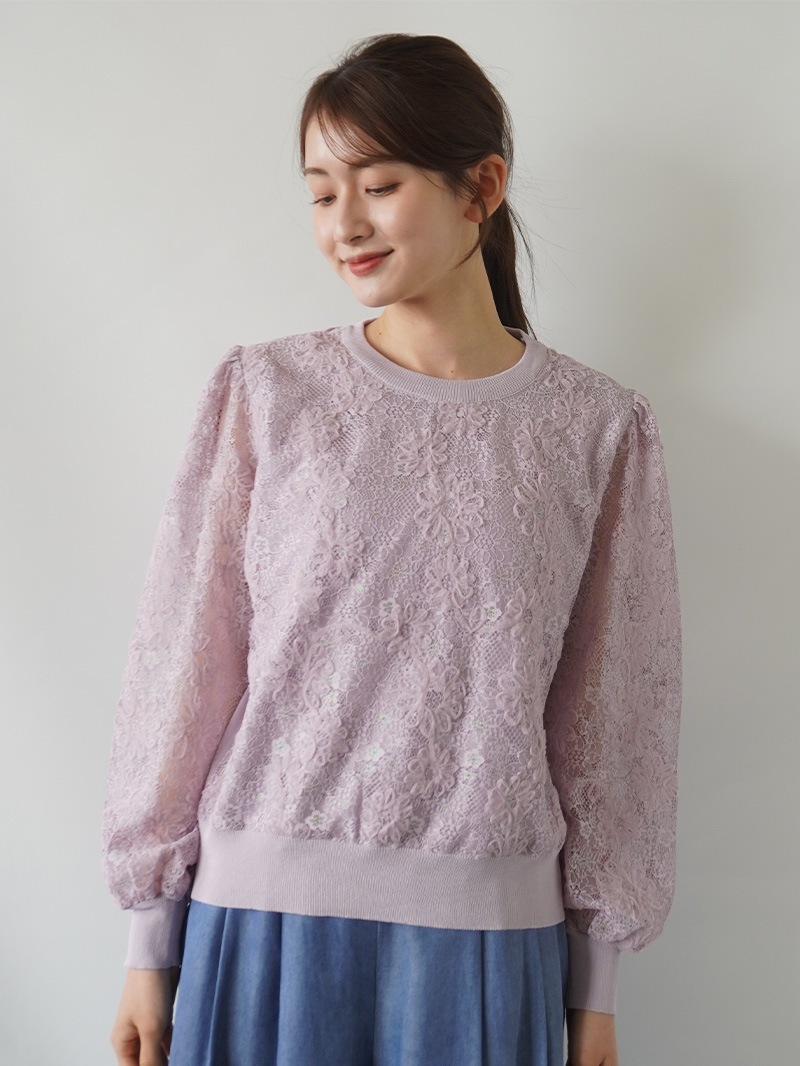 【30％OFF】レース重ね丸首ニット