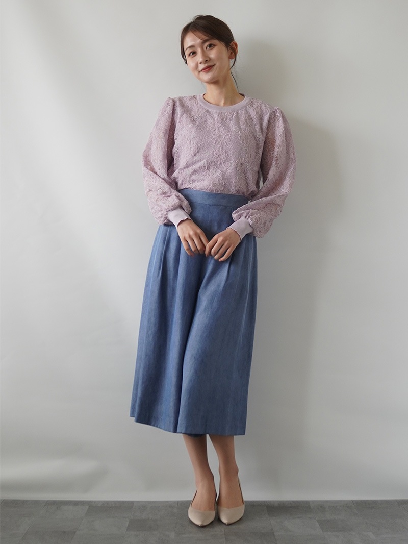 【30％OFF】レース重ね丸首ニット