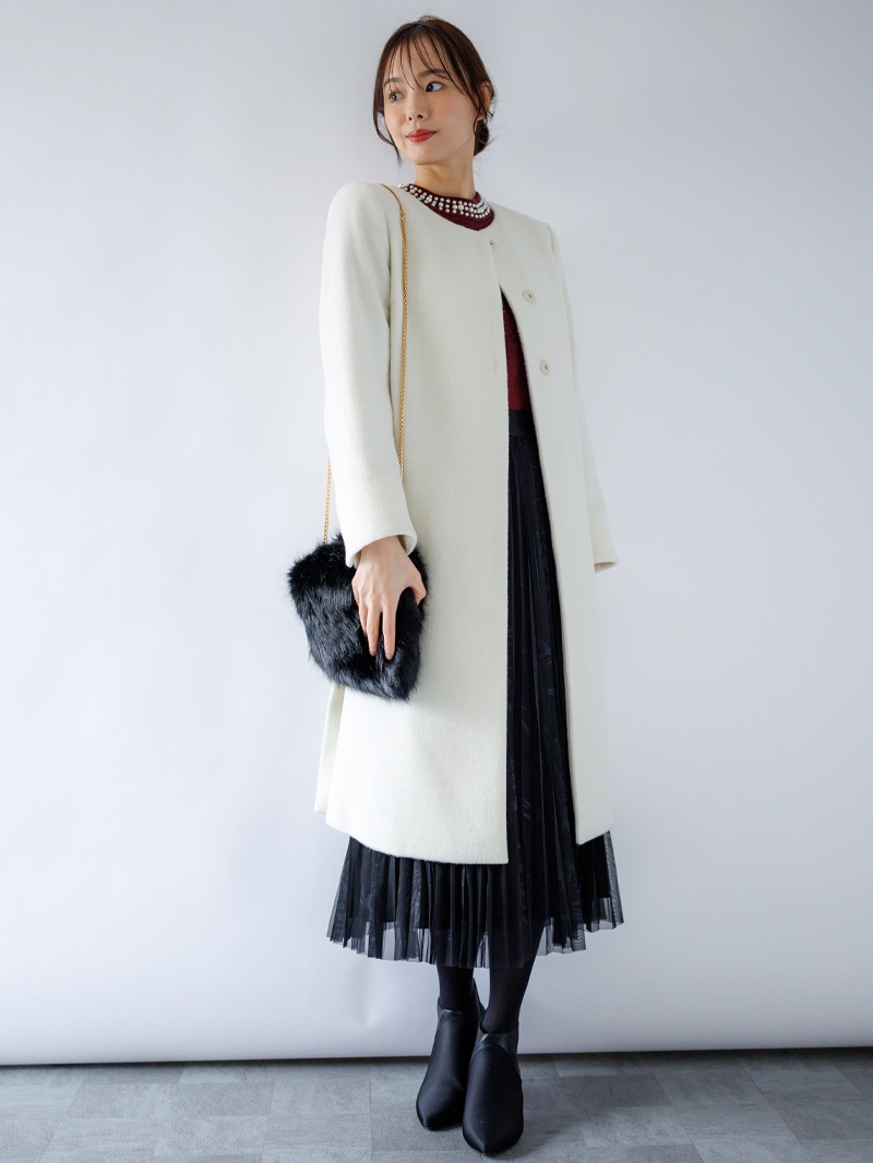 【50%OFF】ウールレットシャギーノーカラーロングコート