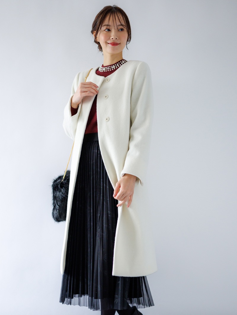 【50%OFF】ウールレットシャギーノーカラーロングコート