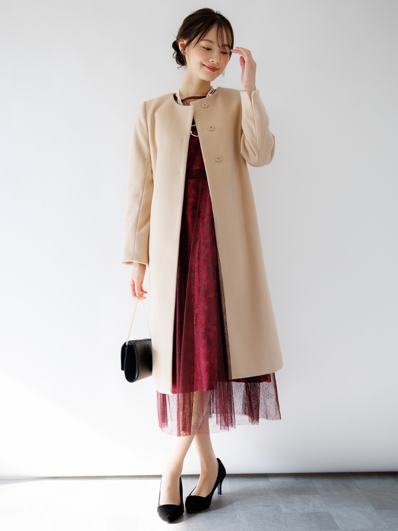 【50%OFF】ウールレットシャギーノーカラーロングコート