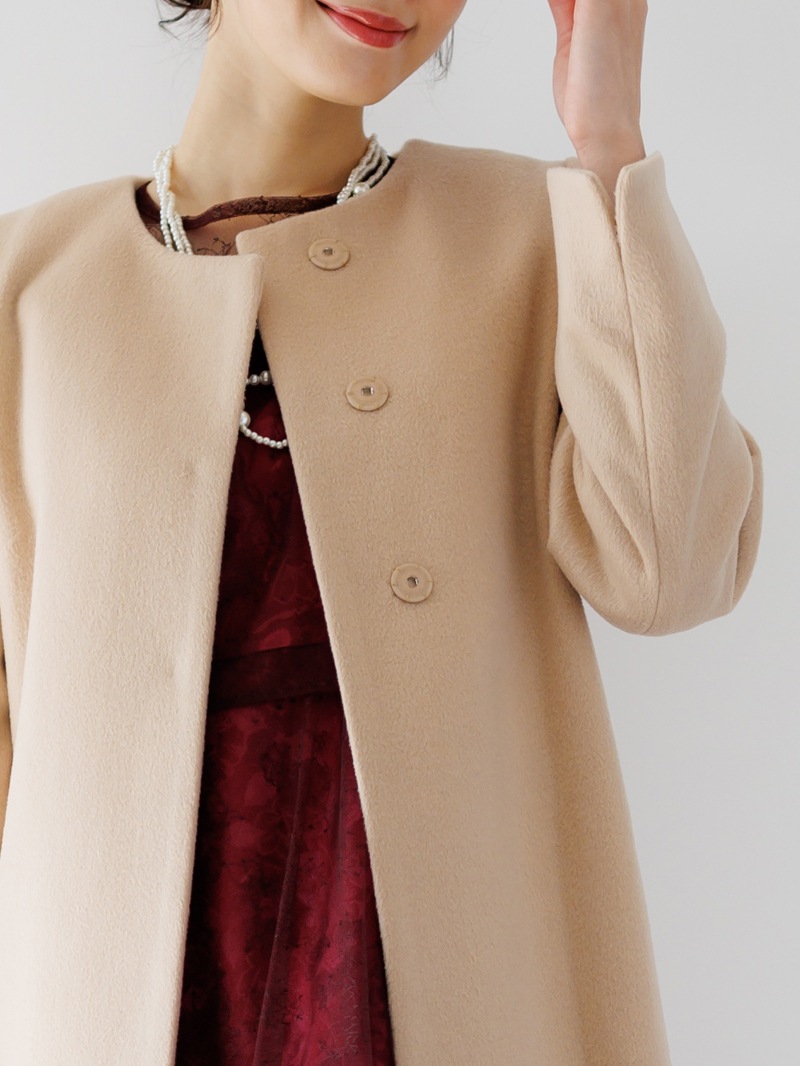 【50%OFF】ウールレットシャギーノーカラーロングコート