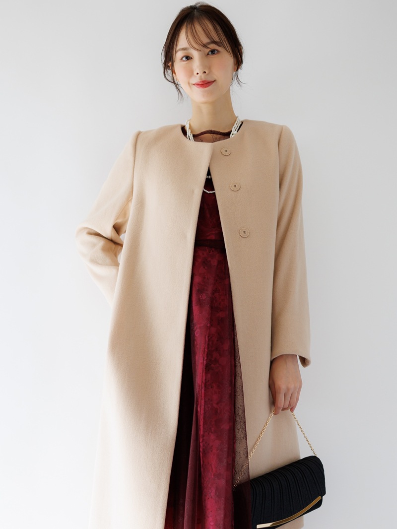 【50%OFF】ウールレットシャギーノーカラーロングコート