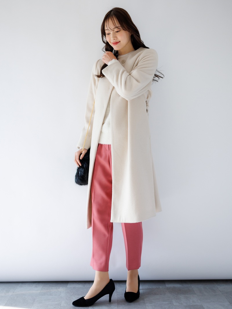 【50%OFF】ウールレットシャギーノーカラーロングコート