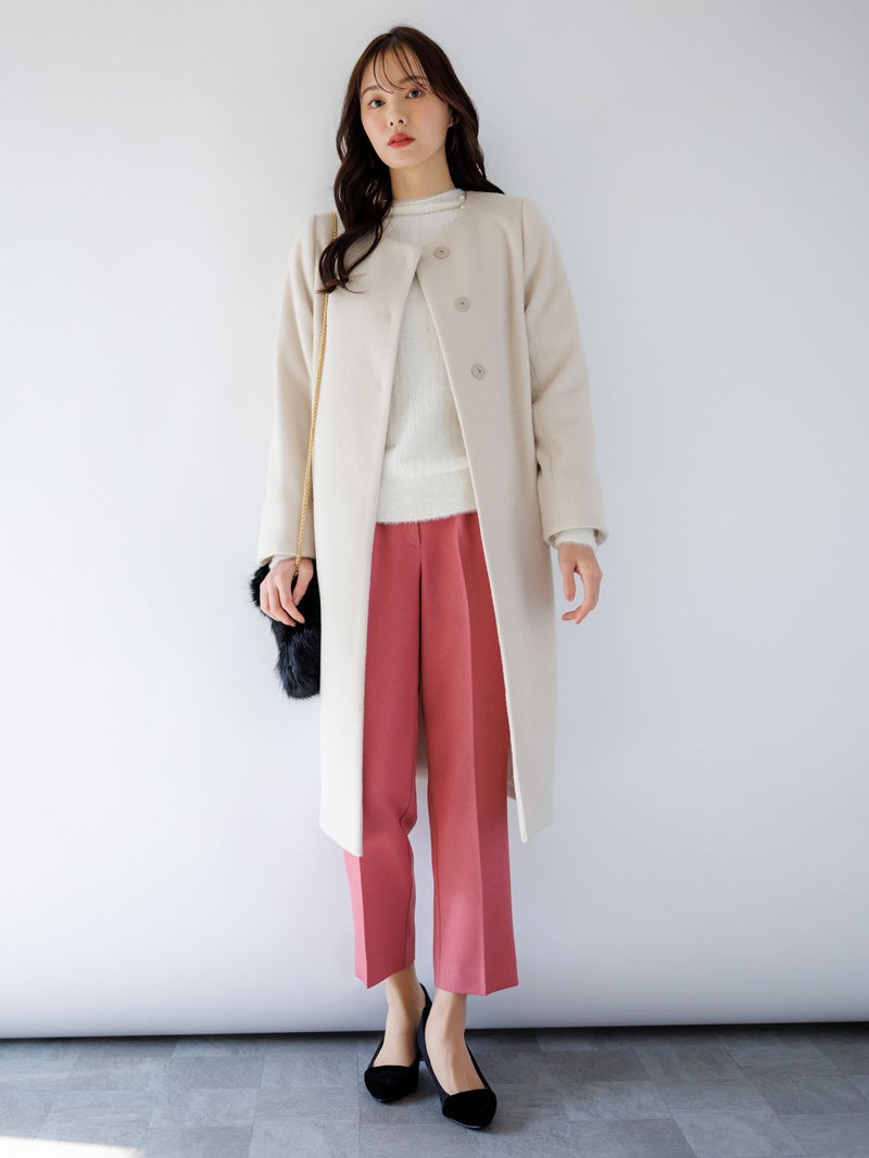 【50%OFF】ウールレットシャギーノーカラーロングコート