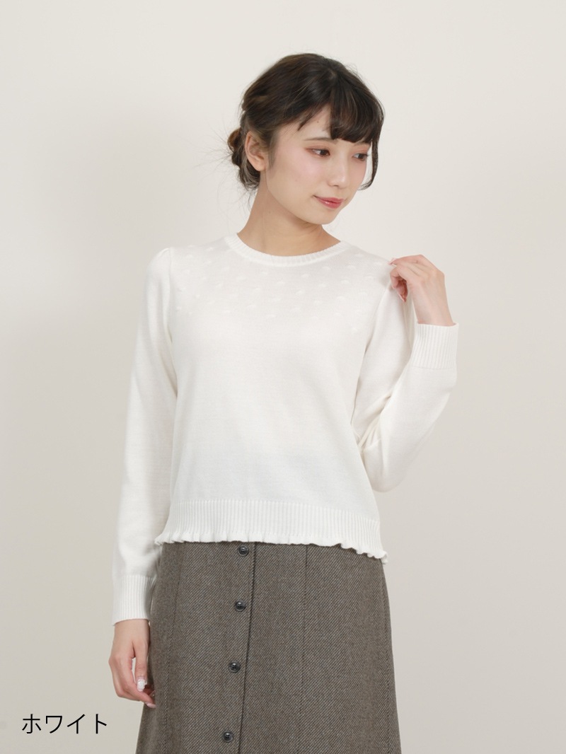 パトリオットドット柄編み丸首パフ袖ニット＜アウトレット均一価格＞