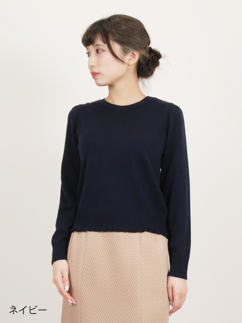 パトリオットドット柄編み丸首パフ袖ニット＜アウトレット均一価格＞