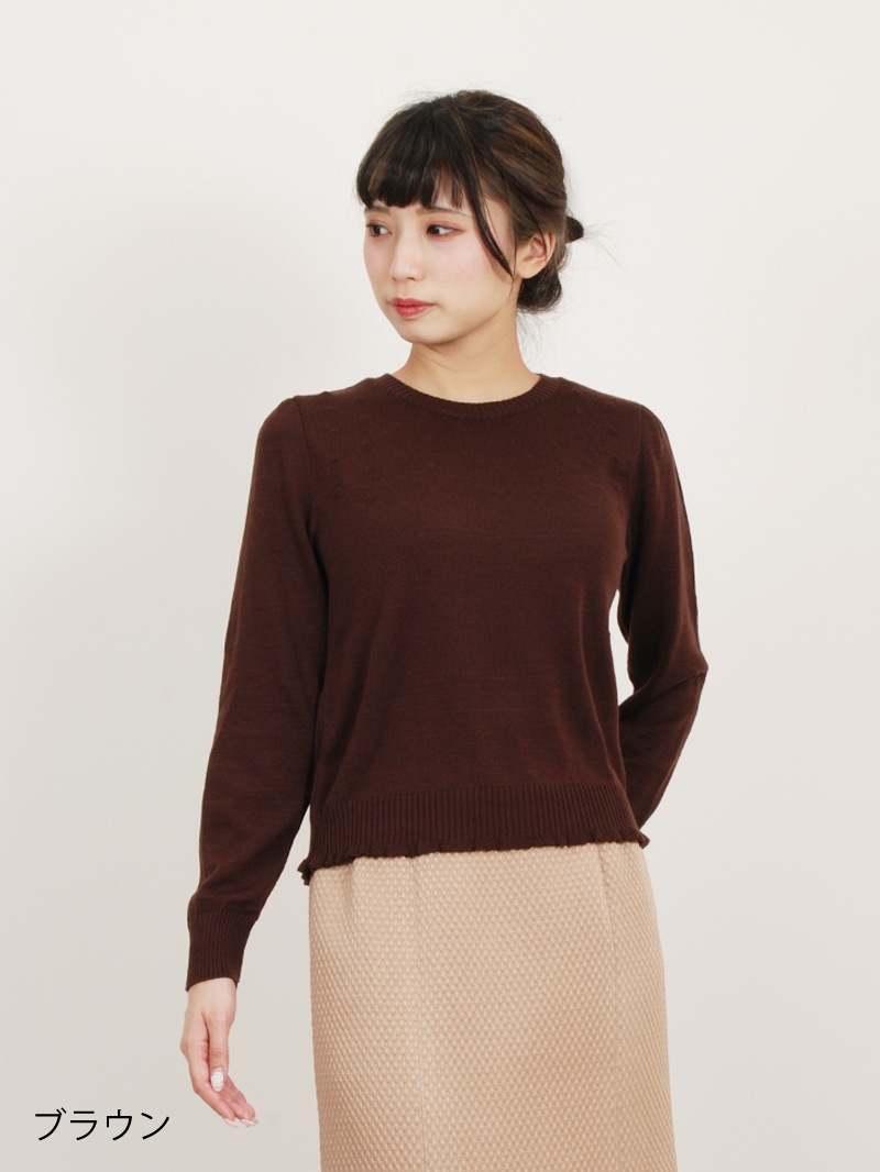 パトリオットドット柄編み丸首パフ袖ニット＜アウトレット均一価格＞