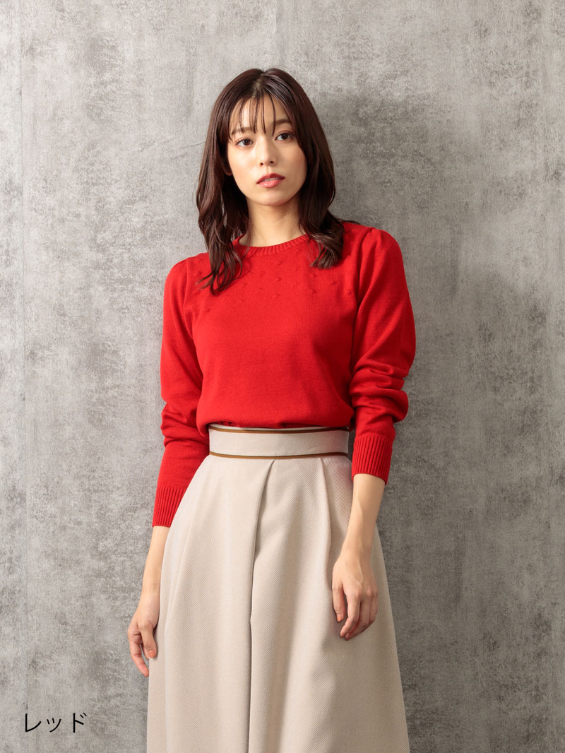 パトリオットドット柄編み丸首パフ袖ニット＜アウトレット均一価格＞