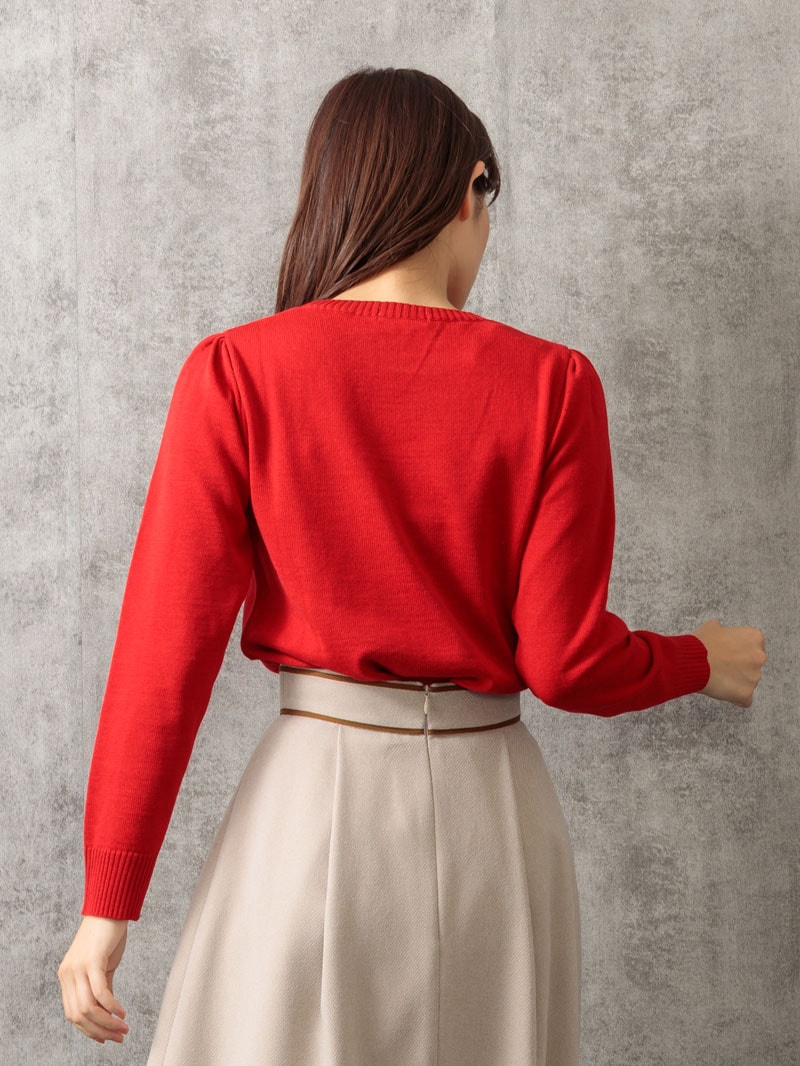 パトリオットドット柄編み丸首パフ袖ニット＜アウトレット均一価格＞