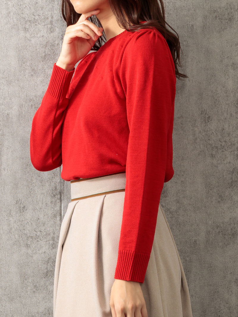 パトリオットドット柄編み丸首パフ袖ニット＜アウトレット均一価格＞