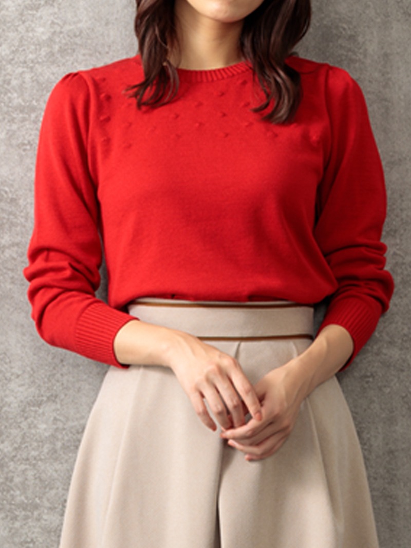 パトリオットドット柄編み丸首パフ袖ニット＜アウトレット均一価格＞