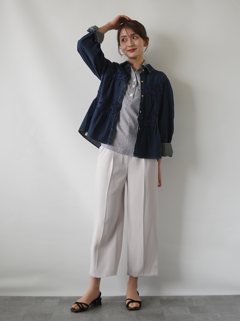 【20％OFF】レース付ティアードデニムシャツ